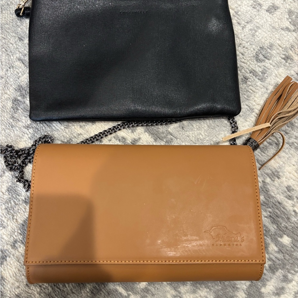 Italian leather bags from Italy. Black wristlet and tan crossbody